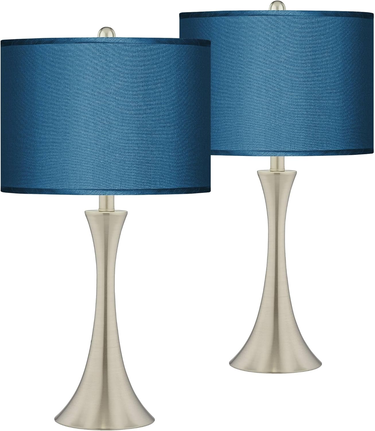 Possini Euro Design Modern Table Lamps 24' Tall Set of 2 Brushed Nickel Silver Metal LED Touch On Off Blue Faux Silk Drum Shade for Bedroom Living Room House Home Bedside Nightstand Office Family