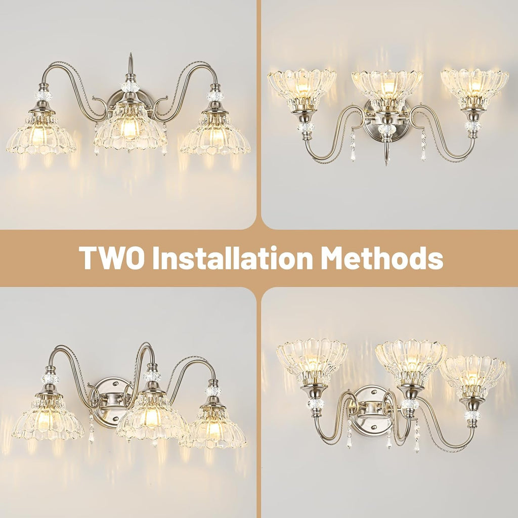 Brushed Nickel Bathroom Vanity Light, 3-Light Nickel Finish Wall Sconce with Hanging Crystal Accents and Flower-Shaped Clear Glass Shades, Modern Wall Mount Vanity Light Over Mirror for Bathroom