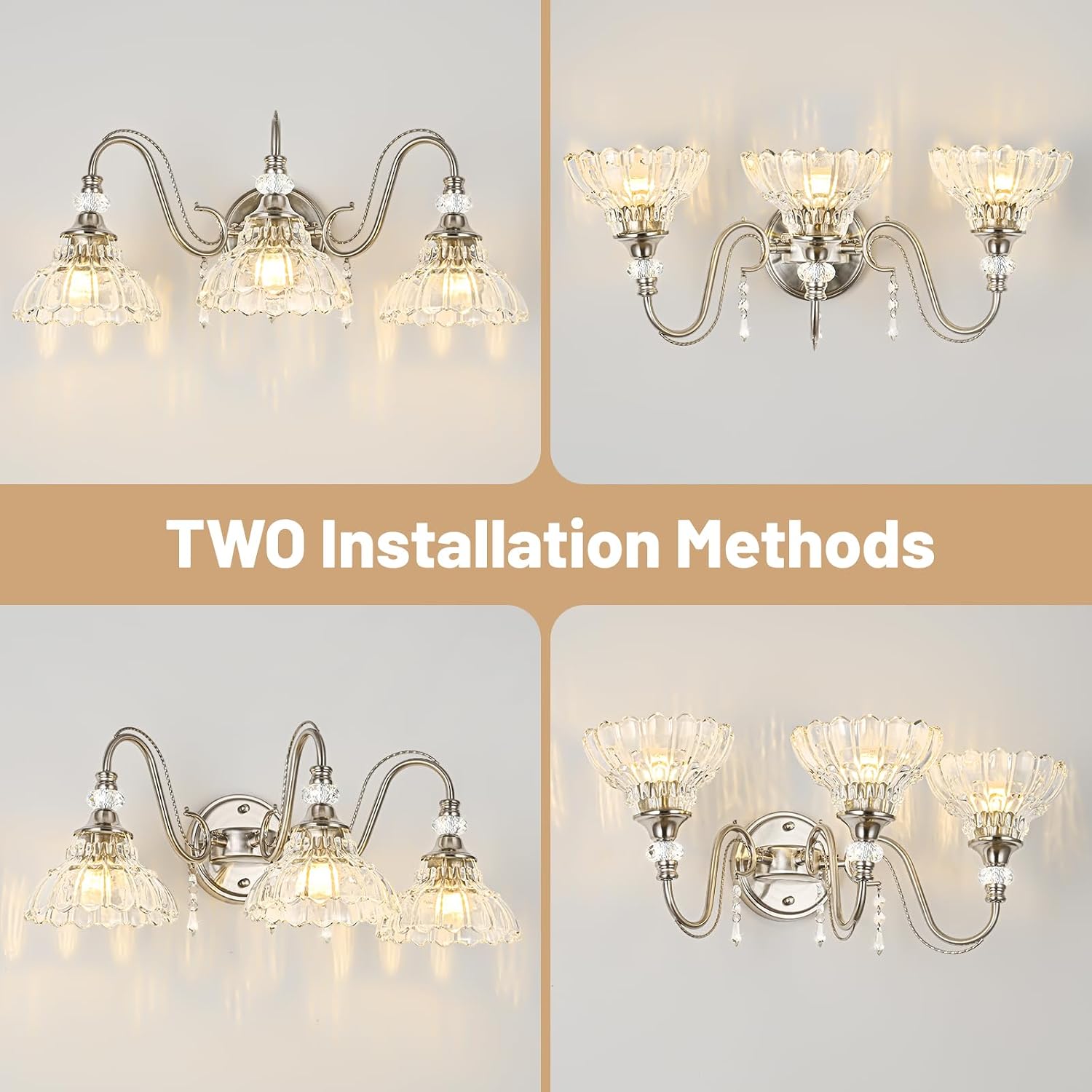 Brushed Nickel Bathroom Vanity Light, 3-Light Nickel Finish Wall Sconce with Hanging Crystal Accents and Flower-Shaped Clear Glass Shades, Modern Wall Mount Vanity Light Over Mirror for Bathroom