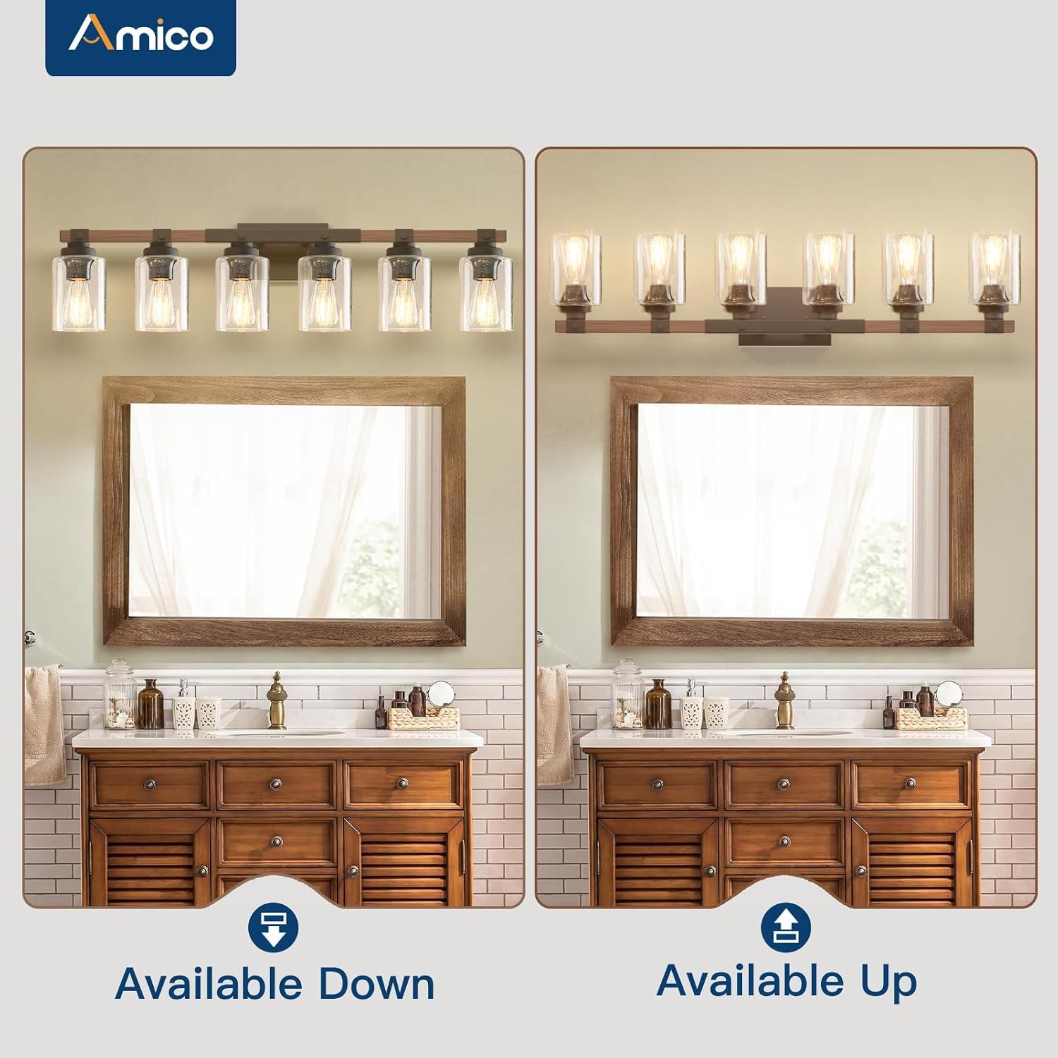 Amico Farmhouse Bathroom Vanity Light Fixtures,Rustic 6-Light Industrial Painted Wood Lights,Vintage Black Wall Sconces Bathroom Vanity Lighting with Bubble Glass Shade