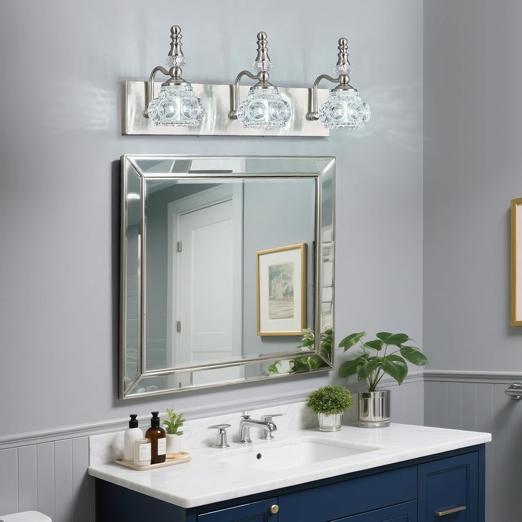 Modern Glass Crystal Vanity Light - Vintage Bathroom Lighting Fixtures Over Mirror, 3 Light Vanity Lights G9 Bulb (19.68 Inch, Nickel)