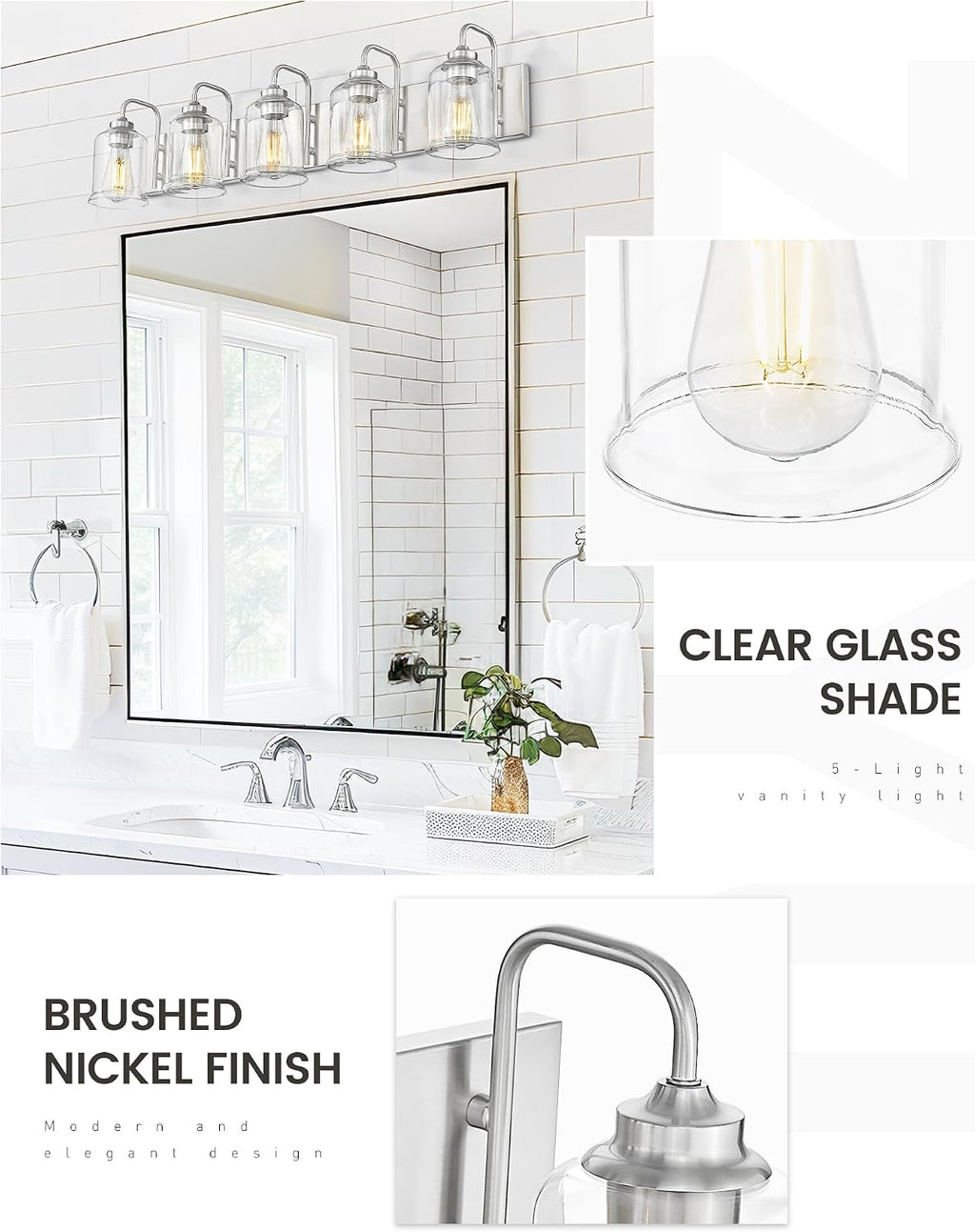 zeyu 36 Inch Farmhouse Modern Bathroom Lighting Fixture, 5-Light Bathroom Vanity Light, Brushed Nickel Finish with Clear Glass Shade, ZSL72B-5W BN