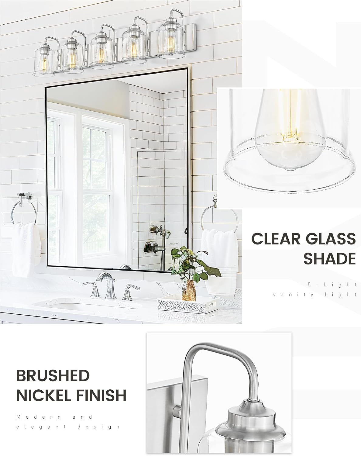 zeyu 36 Inch Farmhouse Modern Bathroom Lighting Fixture, 5-Light Bathroom Vanity Light, Brushed Nickel Finish with Clear Glass Shade, ZSL72B-5W BN