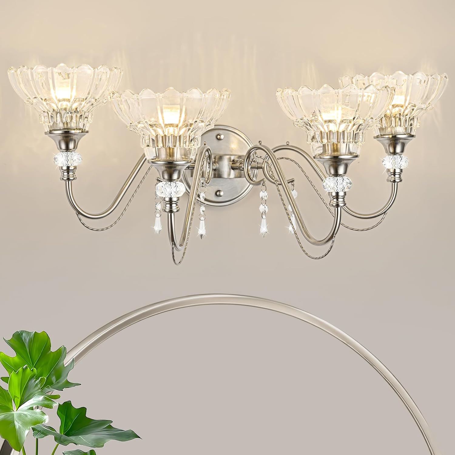 Brushed Nickel Bathroom Vanity Light, 4-Light Nickel Finish Wall Sconce with Hanging Crystal Accents and Flower-Shaped Clear Glass Shades, Modern Wall Mount Vanity Light Over Mirror for Bathroom