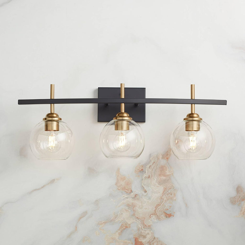 360 Lighting Modern Wall Light Sconce Black Gold Mixed Hardwire 27' 3-Light Fixture Clear Glass Globe Shade for Bedroom Bathroom Bedside Vanity Living Room Home Mirror Hallway Dining Kitchen