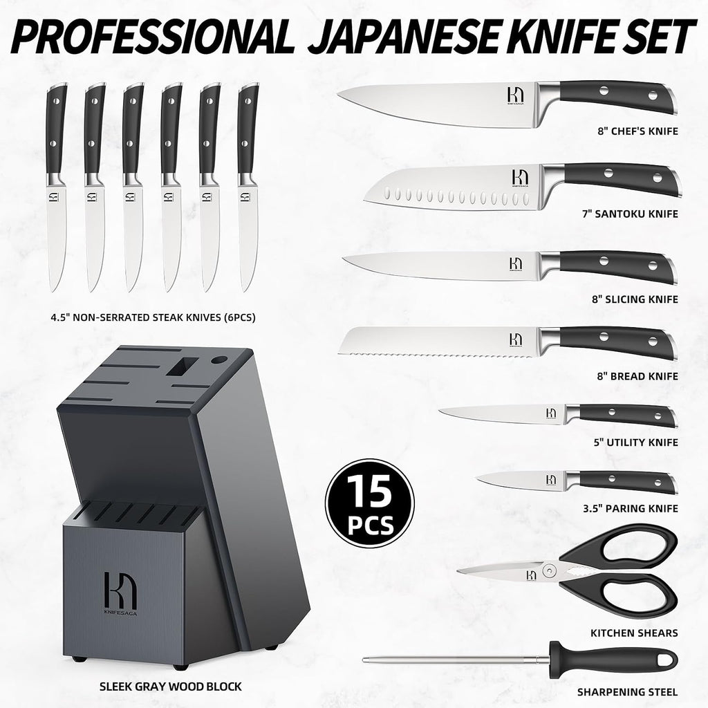 KnifeSaga Premium Knife Set 15 Pcs Quality Kitchen Knife Set with Block, Japanese High Carbon Stainless Steel Razor Sharp Knife Block Set, Acacia Wood Block Knife Set with Ergonomic Full-tang Handle
