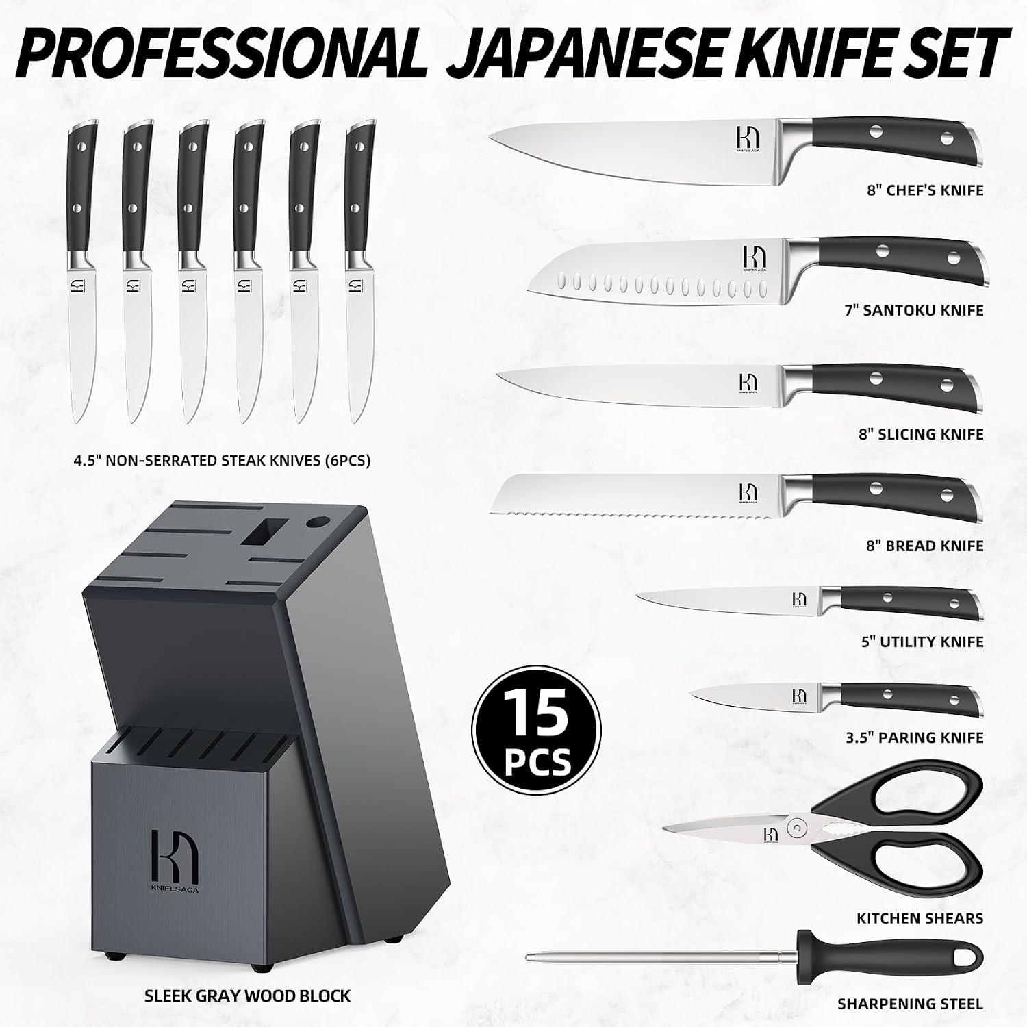 KnifeSaga Premium Knife Set 15 Pcs Quality Kitchen Knife Set with Block, Japanese High Carbon Stainless Steel Razor Sharp Knife Block Set, Acacia Wood Block Knife Set with Ergonomic Full-tang Handle