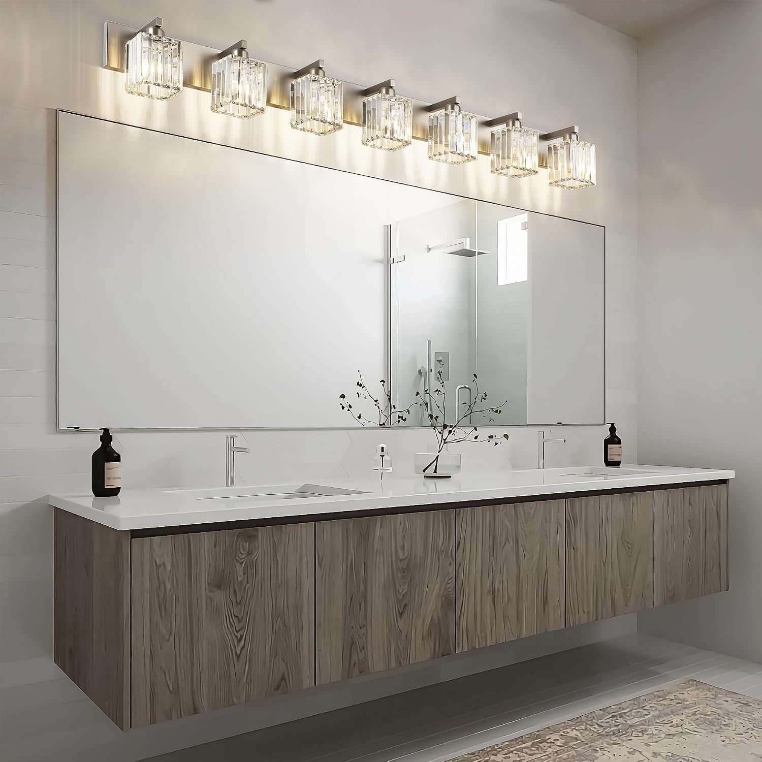 Aipsun Brushed Nickel Bathroom Light Fixtures Crystal Vanity Lighting Fixture Modern Bathroom Vanity Light 7 Light (Exclude Bulb)