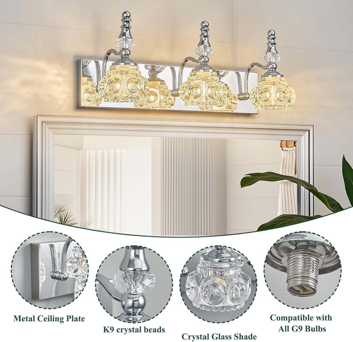 3-Light Vintage Bathroom Vanity Light Fixture Industrial Chrome with Glass Shade Vanity Light Fixtures Over Mirror Glass Bathroom Vanity Lighting Fixtures G9 Bulb Wall Lights