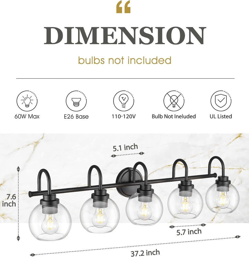 Bathroom Light Fixtures, 5-Light Matte Black Vanity Lights with Globe Clear Glass, 35 Inch Modern Vanity Lighting Fixtures Over Mirror, AD-22280-5W-BK