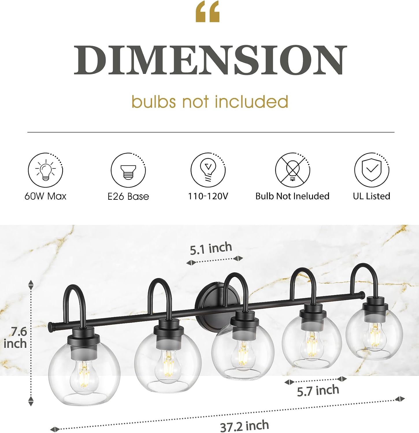 Bathroom Light Fixtures, 5-Light Matte Black Vanity Lights with Globe Clear Glass, 35 Inch Modern Vanity Lighting Fixtures Over Mirror, AD-22280-5W-BK
