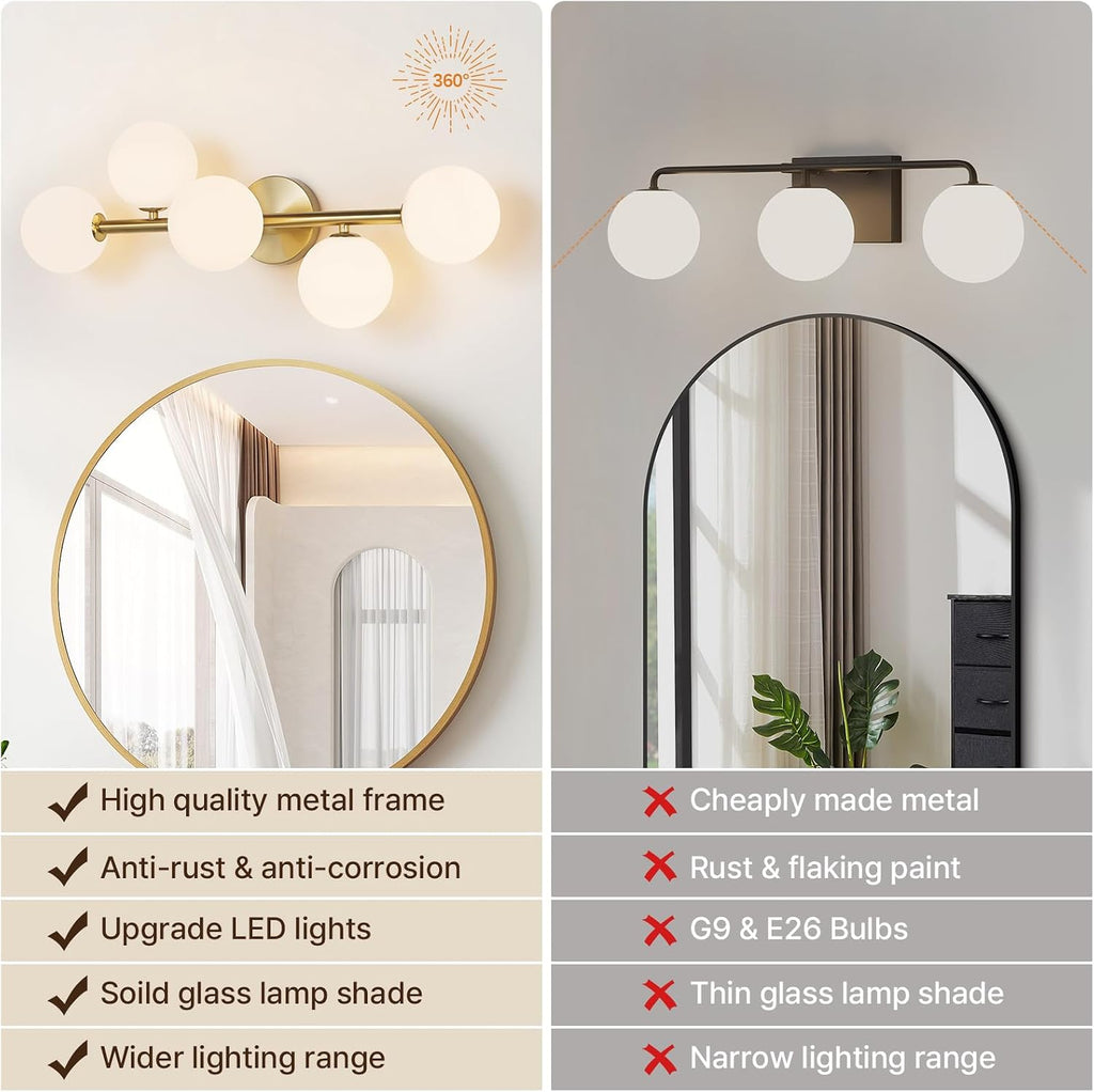 Bathroom Light Fixtures, Brushed Gold Bathroom Vanity Light Over Mirror with Milk White Glass Shades, Dimmable LED Wall Sconces for Hallway, Entryway, Living Room, Bedside, Staircase
