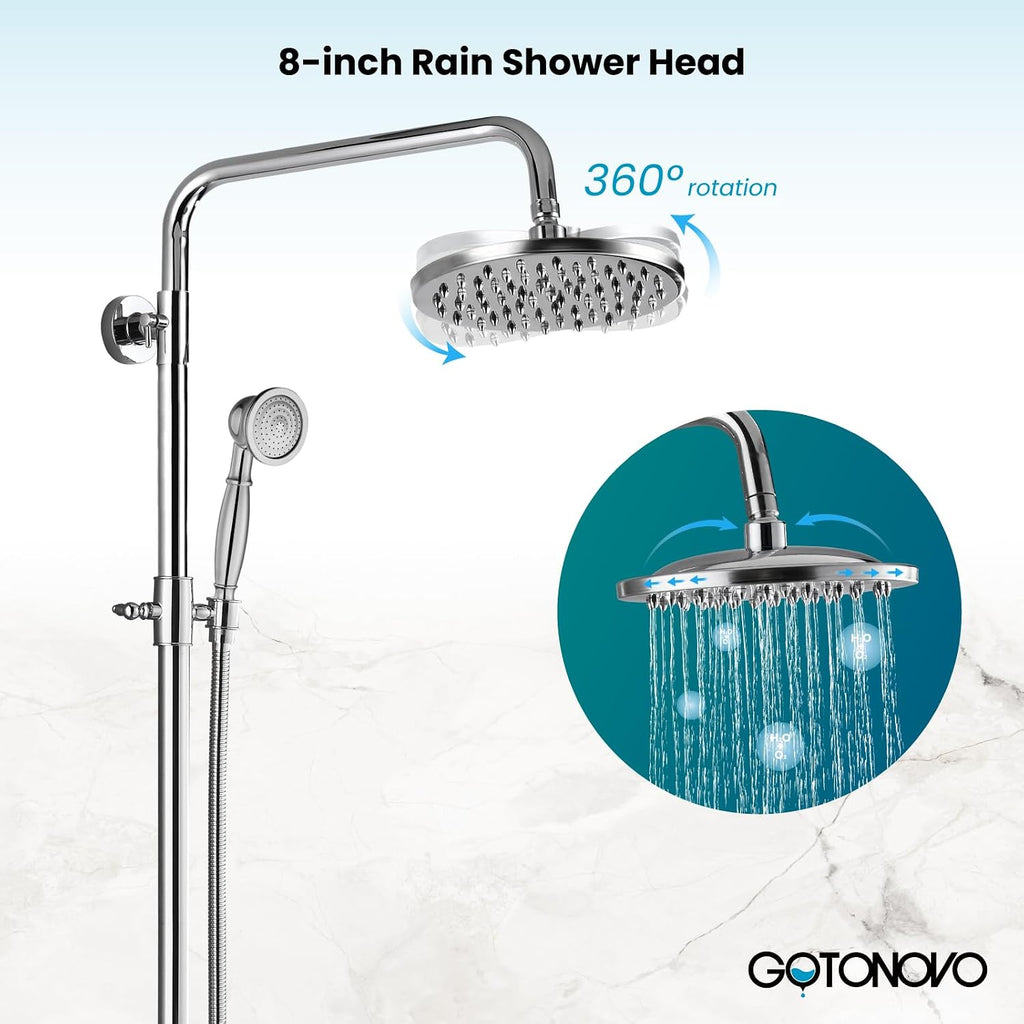 gotonovo Exposed Bathroom Shower Faucet Set Shower Fixture 8 Inch Rainfall Shower Head Handheld Shower Cross Handle Wall Mount 2 Functions Polished Chrome