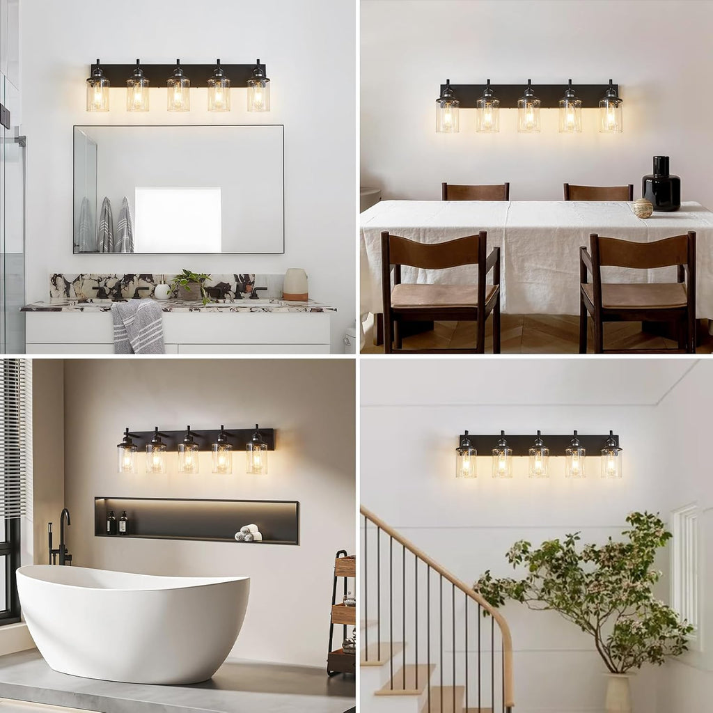 Lanhall 5-Light Black Bathroom Light Fixture Over Mirror Modern Farmhouse Bathroom Vanity Light Vintage Wall Lighting with Clear Glass Shade for Bathroom, Bedroom, Hallway, Cabinet