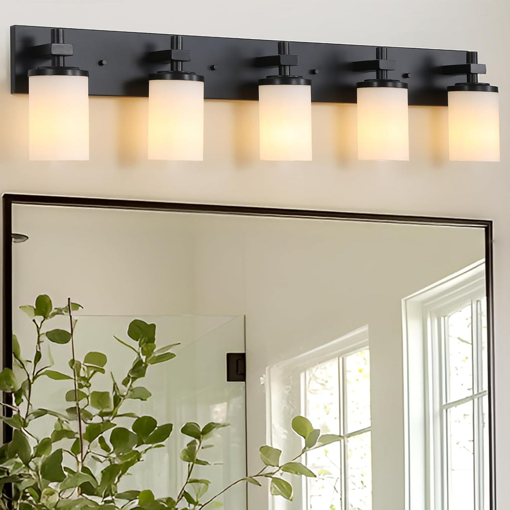 LOUSACE Bathroom Light Fixtures Over Mirror, 5 Light Vanity Lights Matte Black, Modern Bathroom Lighting with Opal White Glass Shades, Wall Sconces Fixture Vanity Lighting for Bedroom Living Room