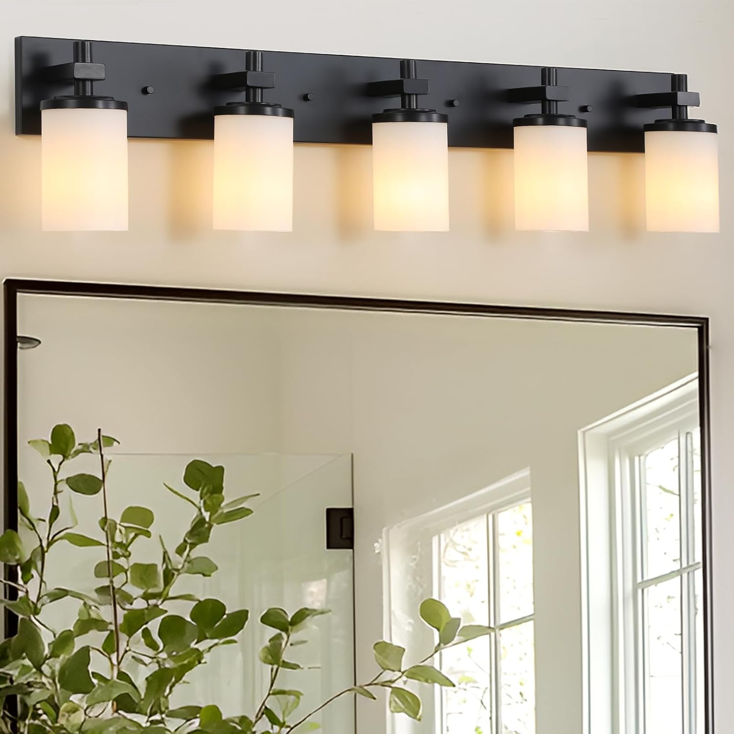 LOUSACE Bathroom Light Fixtures Over Mirror, 5 Light Vanity Lights Matte Black, Modern Bathroom Lighting with Opal White Glass Shades, Wall Sconces Fixture Vanity Lighting for Bedroom Living Room