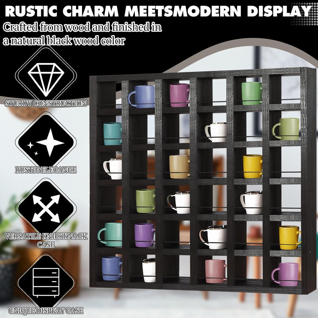 Kigley Oversize Coffee Mug Display Rack Wooden Shelves Rustic Shot Glass Display Case Travel Mug Shelf Wall Mounted Rack Holder Shadow Box (6 x 6,Black)