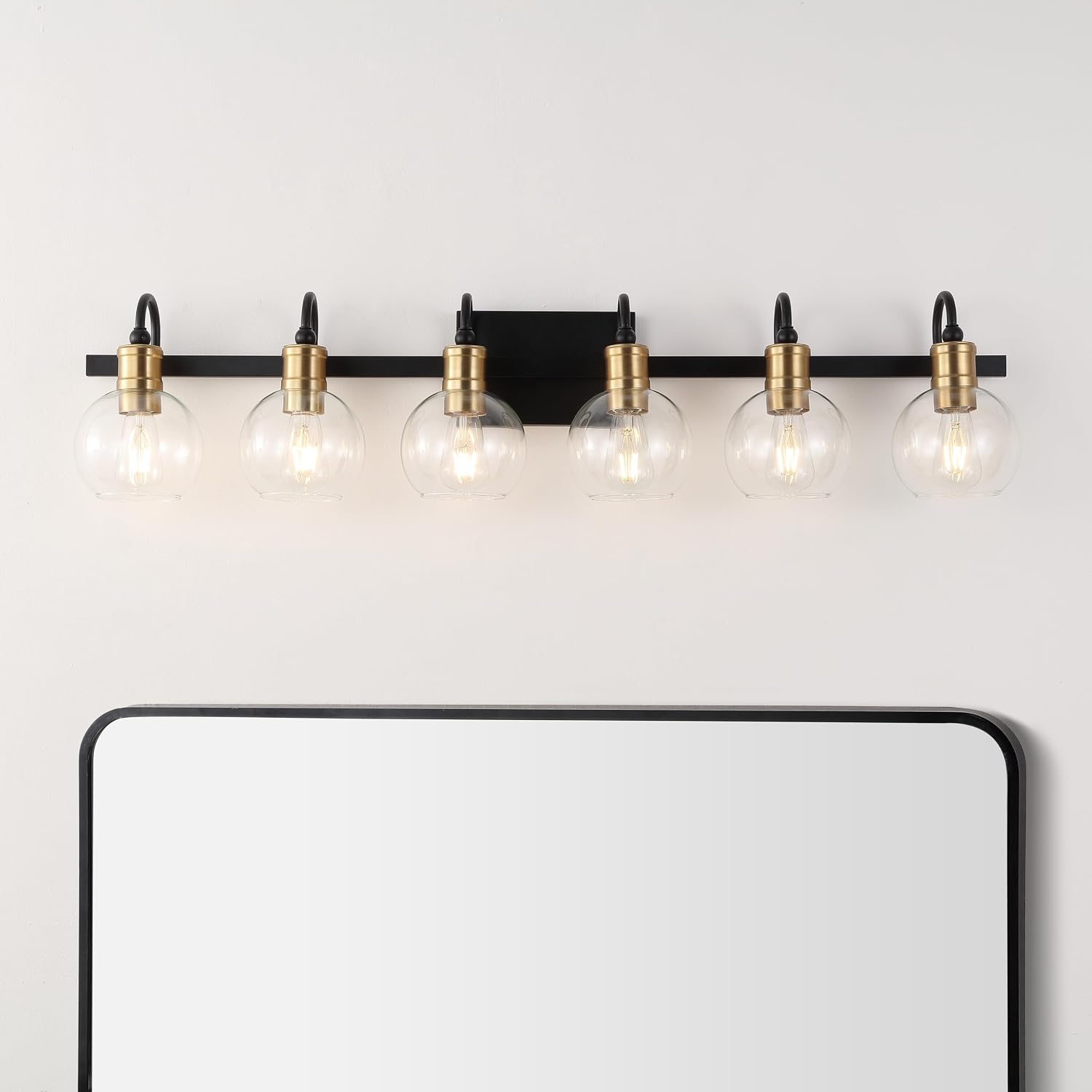 JONATHAN Y 44.25' Black/Brass Gold Vintage Wall Sconce, LED Vanity Light for Bathroom Bedroom Entryway, Clear Glass Globe Shade, Modern Industrial Arched Lamp, LED Bulb Included (JYL3557A)