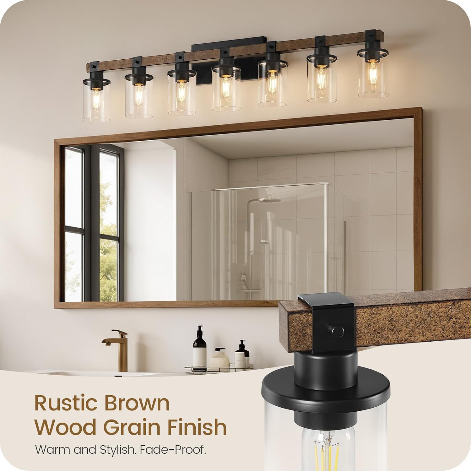7-Light Bathroom Light Fixture, Farmhouse Vanity Lights for Bathroom with Glass Shade, Rustic Bathroom Light Fixtures, E26 Base F16BD05