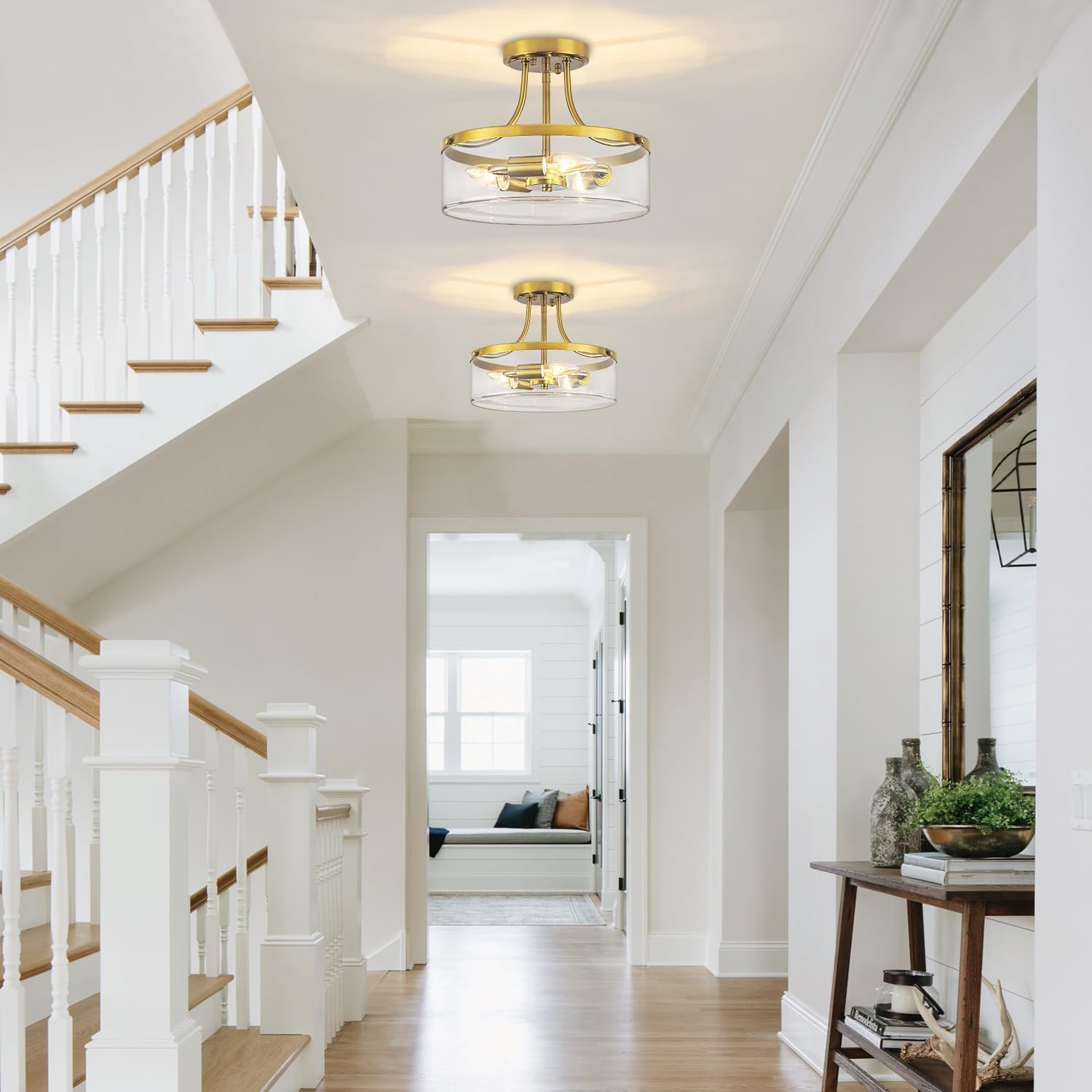 Brushed Gold Semi Flush Mount Ceiling Light, 11.81' Kitchen Lighting Fixtures Ceiling with Glass Shade, 3-Light Modern Hallway Light Fixtures for Entryway Bedroom Bathroom Foyer Laundry Dining Room