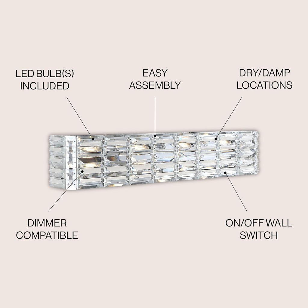 JONATHAN Y 31.75' Chrome Modern Crystal Vanity Light, LED Bathroom Wall Sconce, 4-Light Fixture for Mirror, Glam Lighting with Clear Crystal Shade, Art Deco Makeup Wall Lamp (JYL7541A)