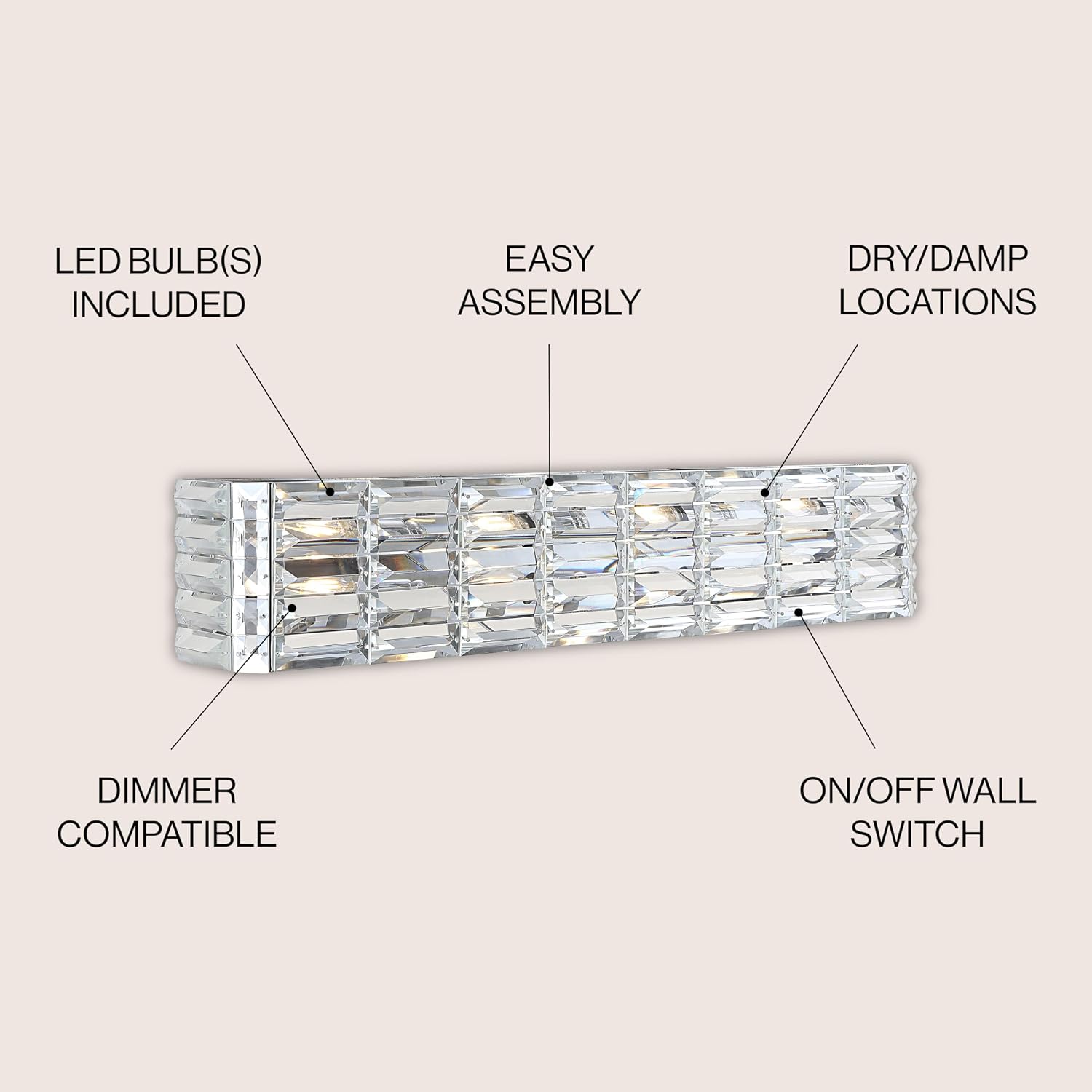 JONATHAN Y 31.75' Chrome Modern Crystal Vanity Light, LED Bathroom Wall Sconce, 4-Light Fixture for Mirror, Glam Lighting with Clear Crystal Shade, Art Deco Makeup Wall Lamp (JYL7541A)