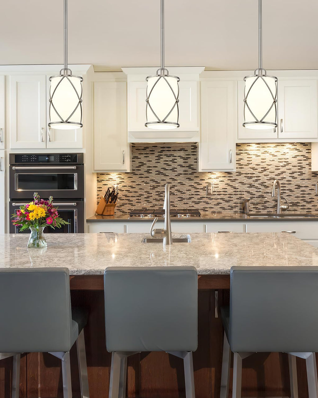 Brushed Nickel Pendant Lights Kitchen Island 3 Pack, Milk Glass Kitchen Pendant Lighting Over Island with Rods, Modern Mini Hanging Light for Sink Dining Room, CH9176BNW-3PK