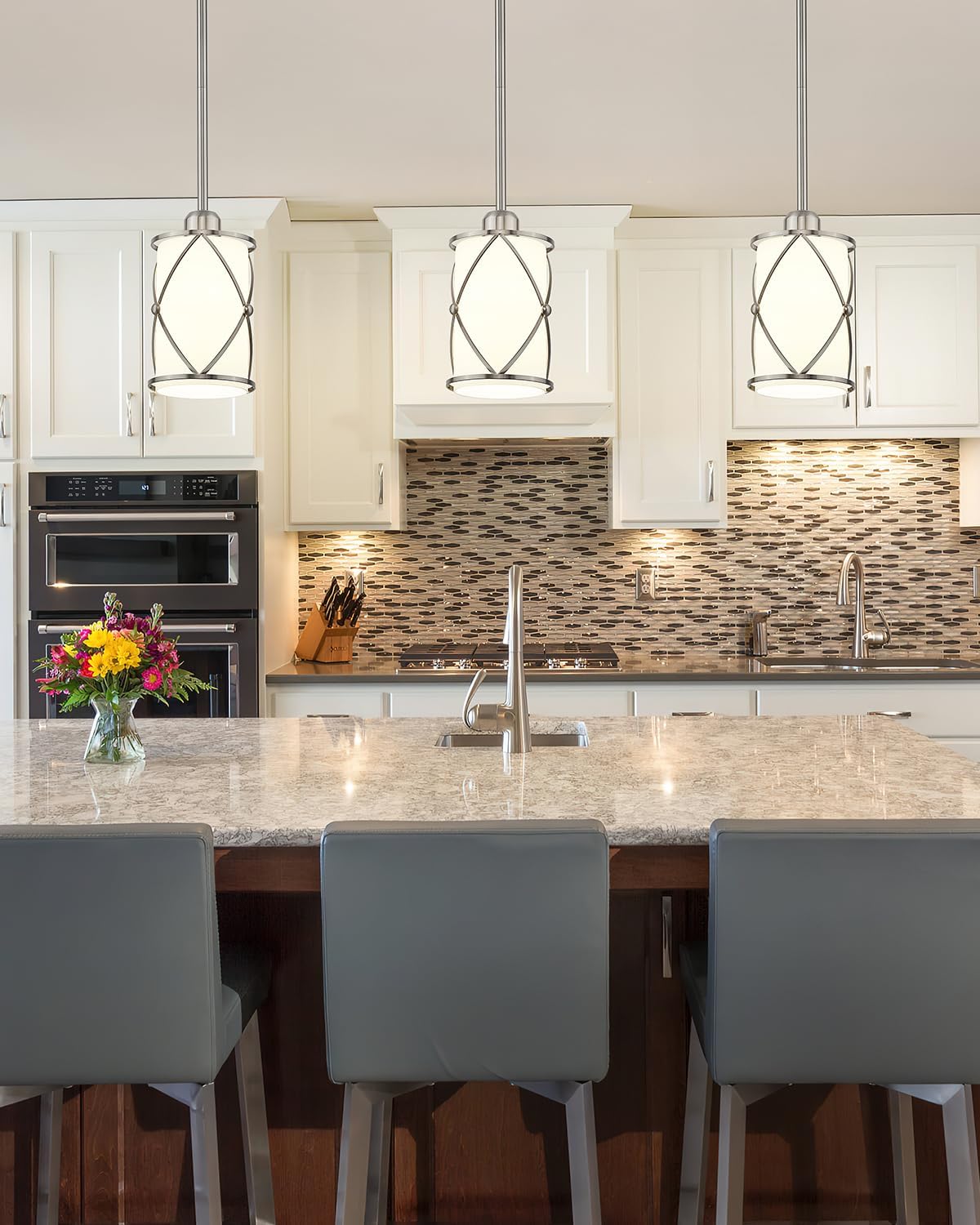 Brushed Nickel Pendant Lights Kitchen Island 3 Pack, Milk Glass Kitchen Pendant Lighting Over Island with Rods, Modern Mini Hanging Light for Sink Dining Room, CH9176BNW-3PK