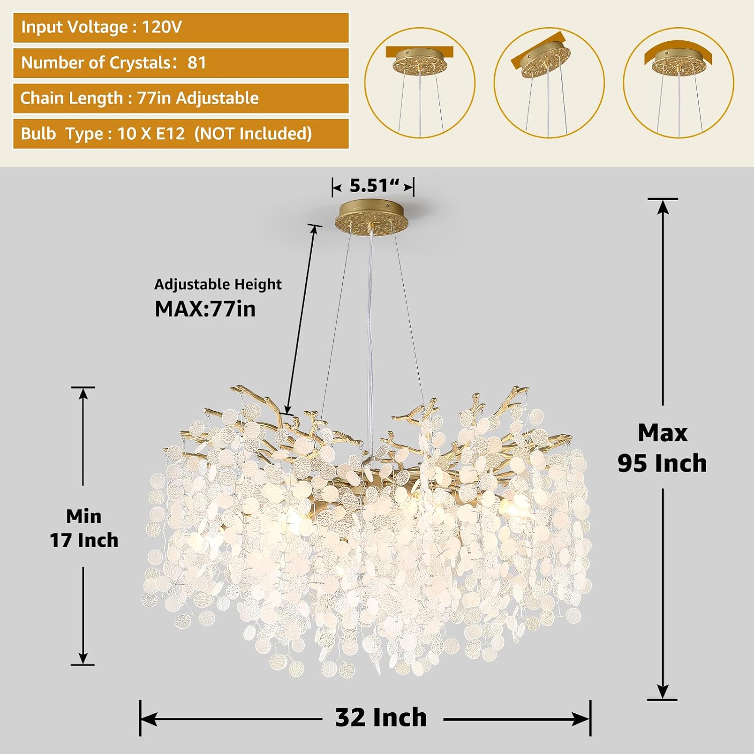 32 Inch Gold Crystal Chandelier, 10-Light Coastal Chandeliers for Dining Room, Large Modern Tree Branch Light Fixtures, Seashell Chandelier for Entryway Foyer Bathroom Living Room, E12