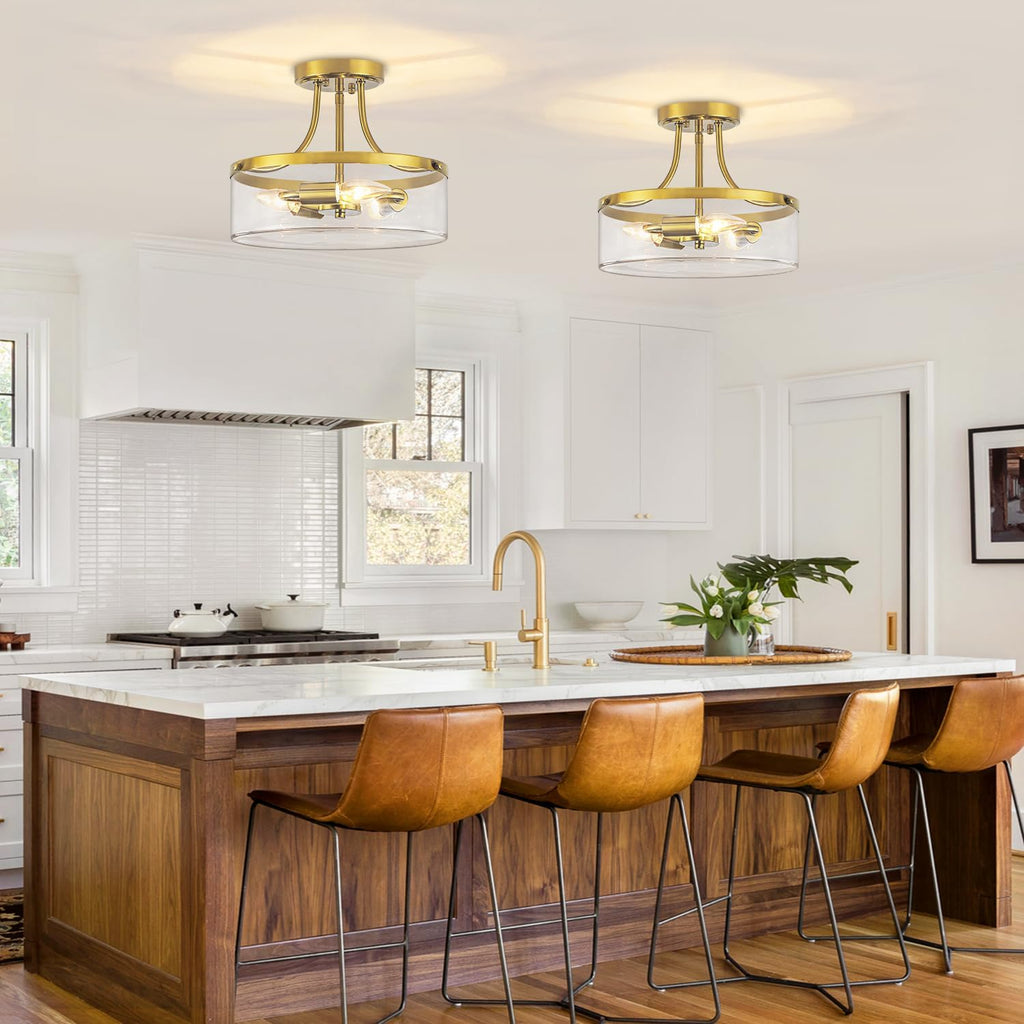 Brushed Gold Semi Flush Mount Ceiling Light, 11.81' Kitchen Lighting Fixtures Ceiling with Glass Shade, 3-Light Modern Hallway Light Fixtures for Entryway Bedroom Bathroom Foyer Laundry Dining Room