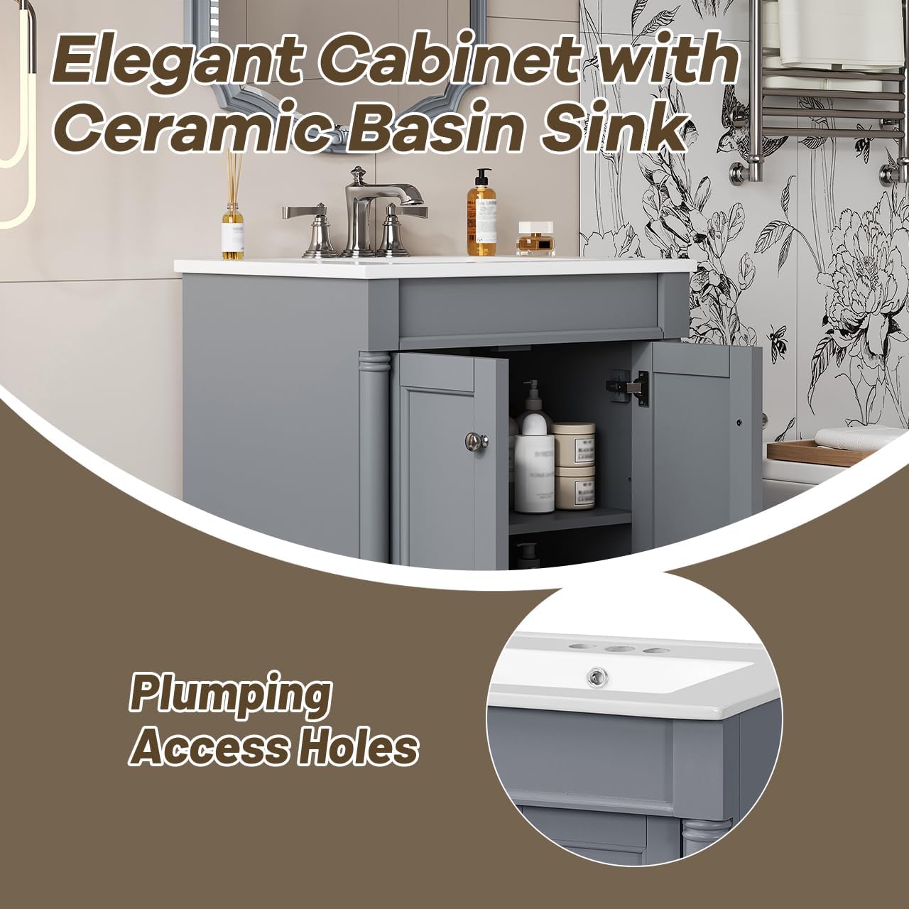 Virubi 24 Inch Bathroom Vanity with Single Sink Combo Set, Modern Bathroom Storage Cabinet with Double Soft Closing Doors, Solid Wood Frame Bathroom Vanities.