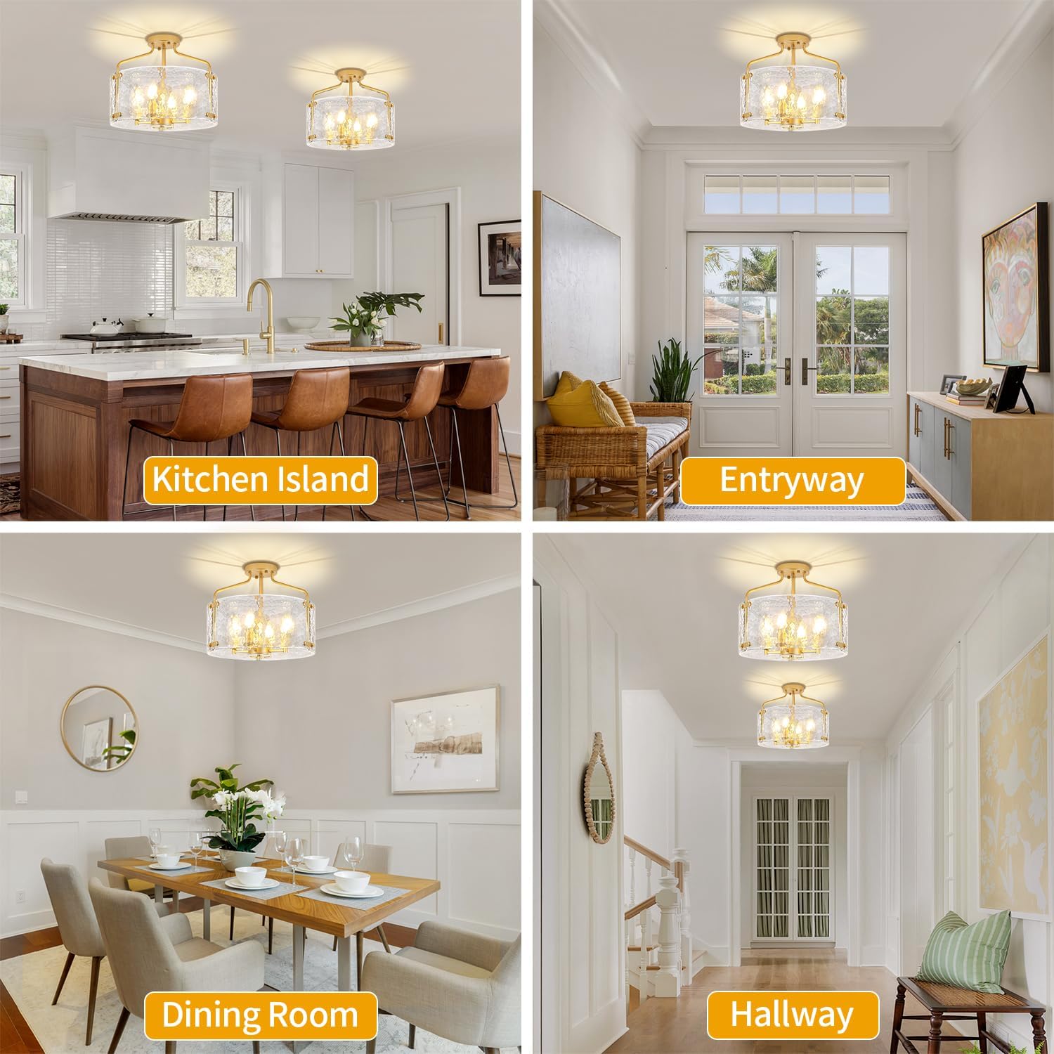 4-Light Gold Semi Flush Mount Ceiling Light, Modern Hammered Glass Drum Chandelier Entryway Light Fixtures Kitchen Close to Ceiling Lights for Bathroom Hallway Dining Room Foyer Lighting