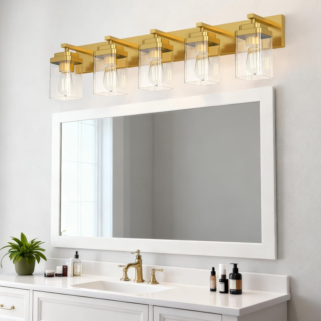 Brushed Gold Bathroom Light Fixtures, 5 Lights Bathroom Lighting Fixtures Over Mirror, Square Design & Rectangle Large Backplate, Modern Vanity Lighting Fixtures, for Living Room/Bedroom