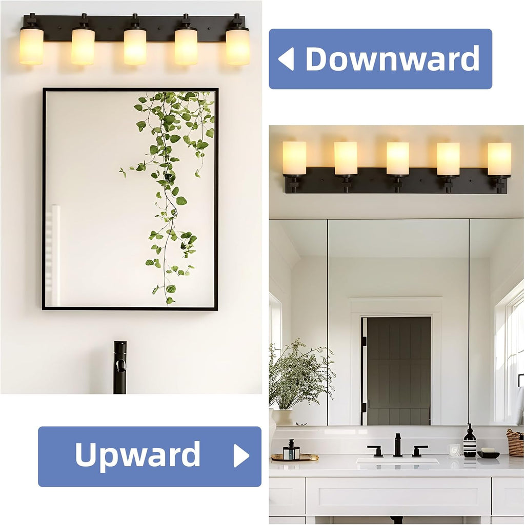 LOUSACE Bathroom Light Fixtures Over Mirror, 5 Light Vanity Lights Matte Black, Modern Bathroom Lighting with Opal White Glass Shades, Wall Sconces Fixture Vanity Lighting for Bedroom Living Room