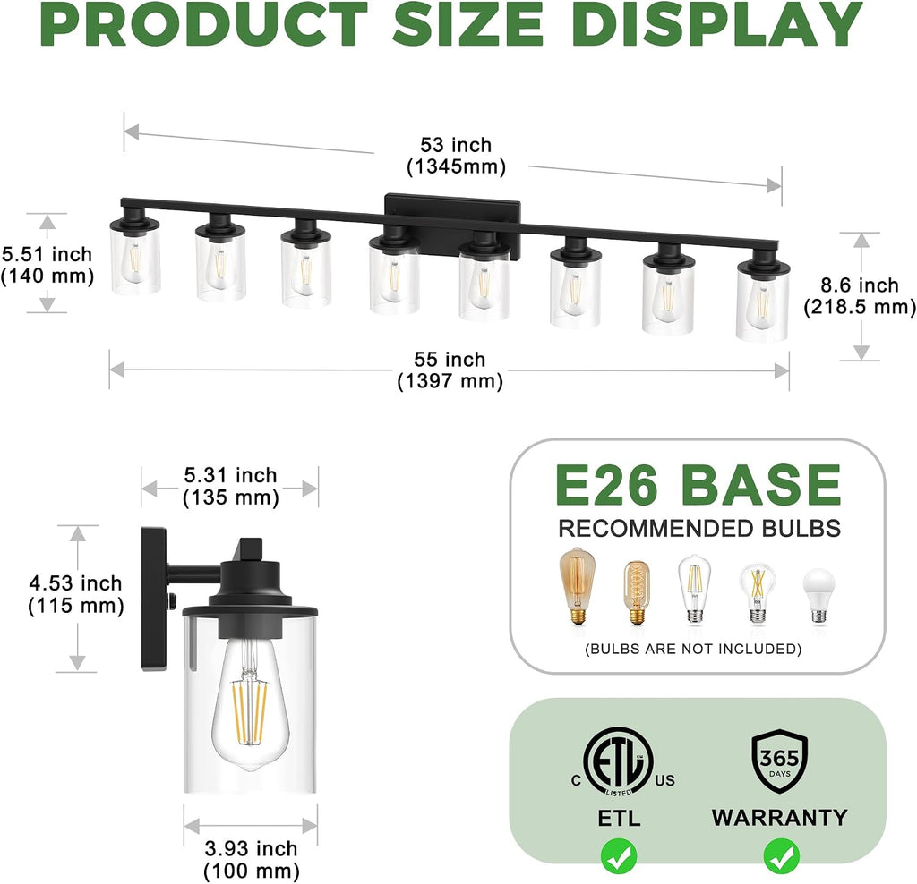 DORESshop 55 Inch Bathroom Light Fixtures, 8-Light Black Bathroom Lighting Fixtures Over Mirror with Glass Shade, Modern Vanity Lights for Hallway Bedroom