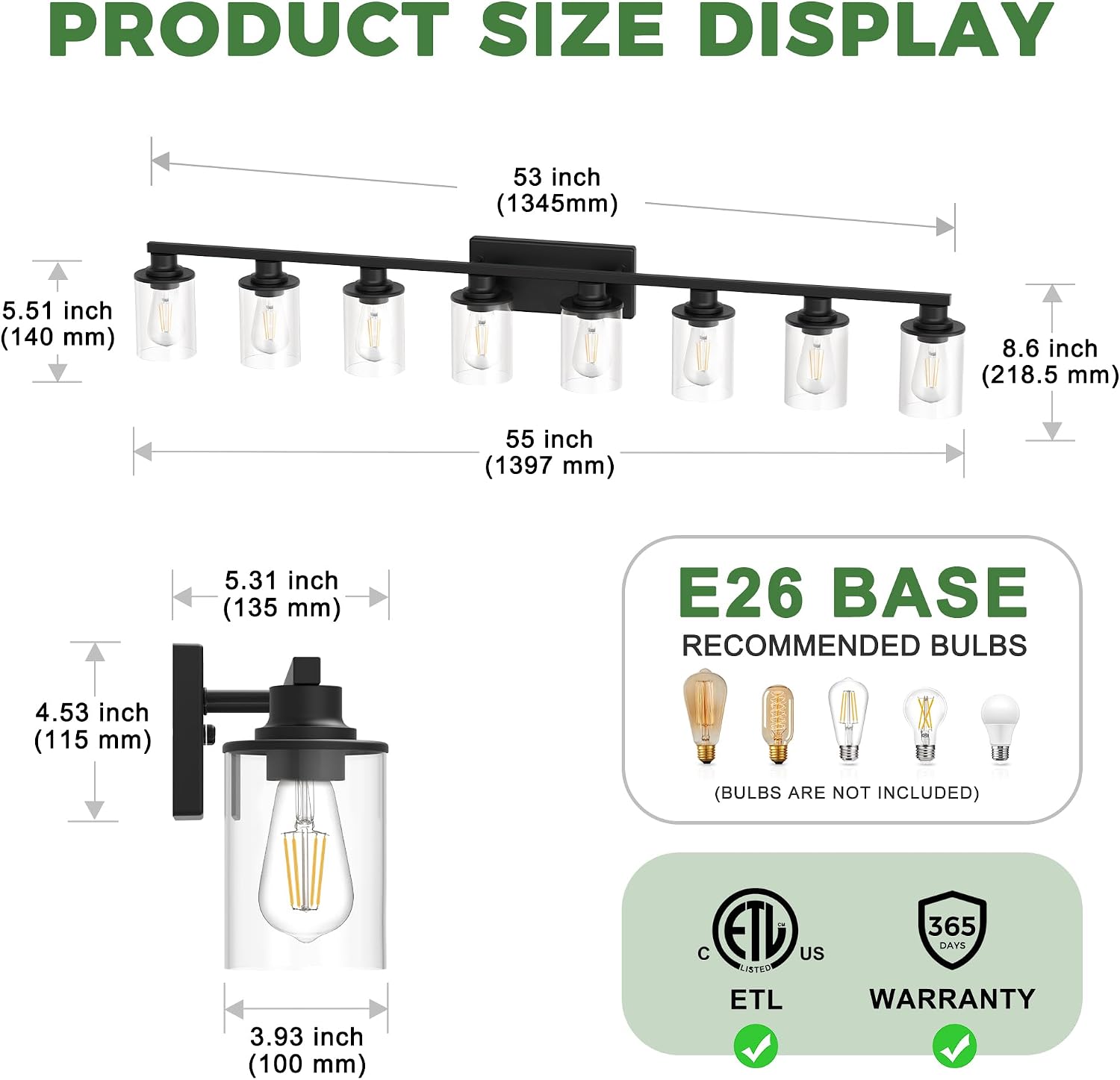 DORESshop 55 Inch Bathroom Light Fixtures, 8-Light Black Bathroom Lighting Fixtures Over Mirror with Glass Shade, Modern Vanity Lights for Hallway Bedroom