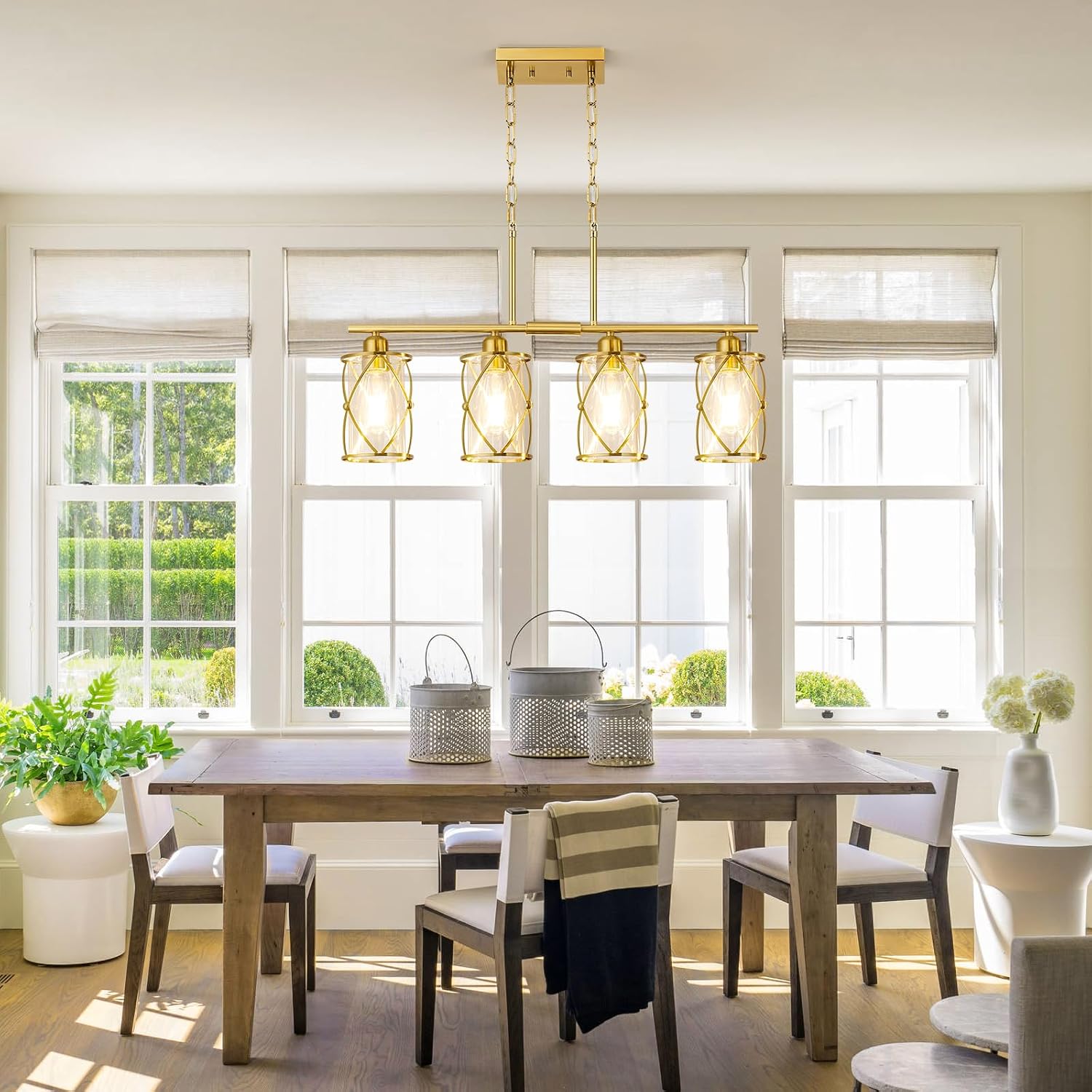 4-Light Kitchen Island Lighting, Modern Brushed Gold Dining Room Light Fixtures with Clear Glass, Farmhouse Industrial Linear Chandelier Pendant Light with Adjustable Chain, CH9176BG-4IS