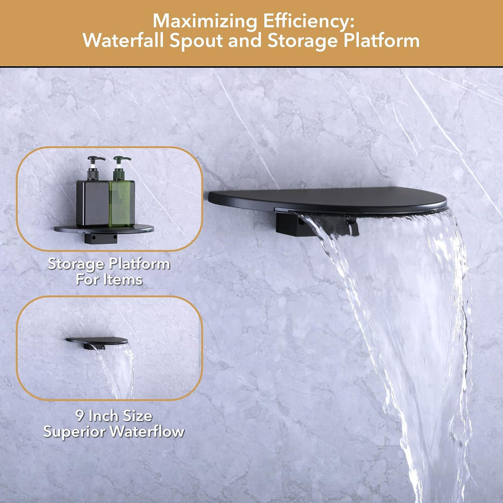 VANFOXLE Shower Faucet Set Matte Black Shower System,Push Button Diverter Shower Faucet with 2 in 1 Handheld,Wall Mount 8 Inch Shower Head with 9 Inch Bathtub Waterfall Spout