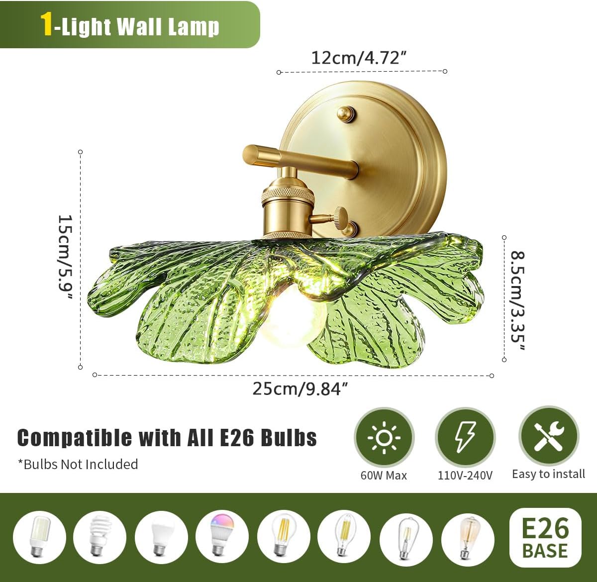 Green Glass Sconce 2 Light Leaf Bathroom Vanity Light Mid Century | Vintage Wall Sconces Set of 2 Gold Wall Lamp, E26 Brass Base, Vanity Light fixtures, Living Room Hallway Entryway