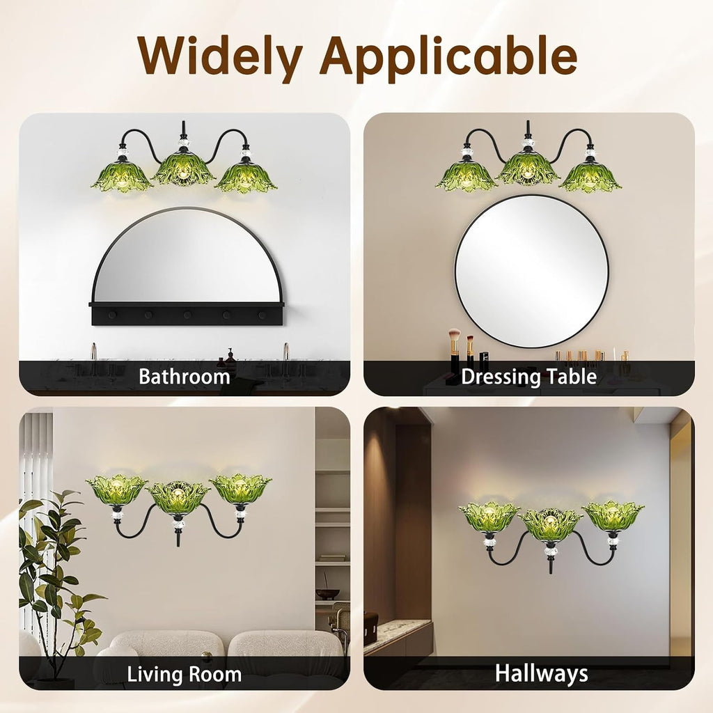 Black Bathroom Vanity Light,3-Light Vanity Light with Floral Green Glass Shades,Vintage Farmhouse Wall Mount Lighting for Bathroom, Dressing Table