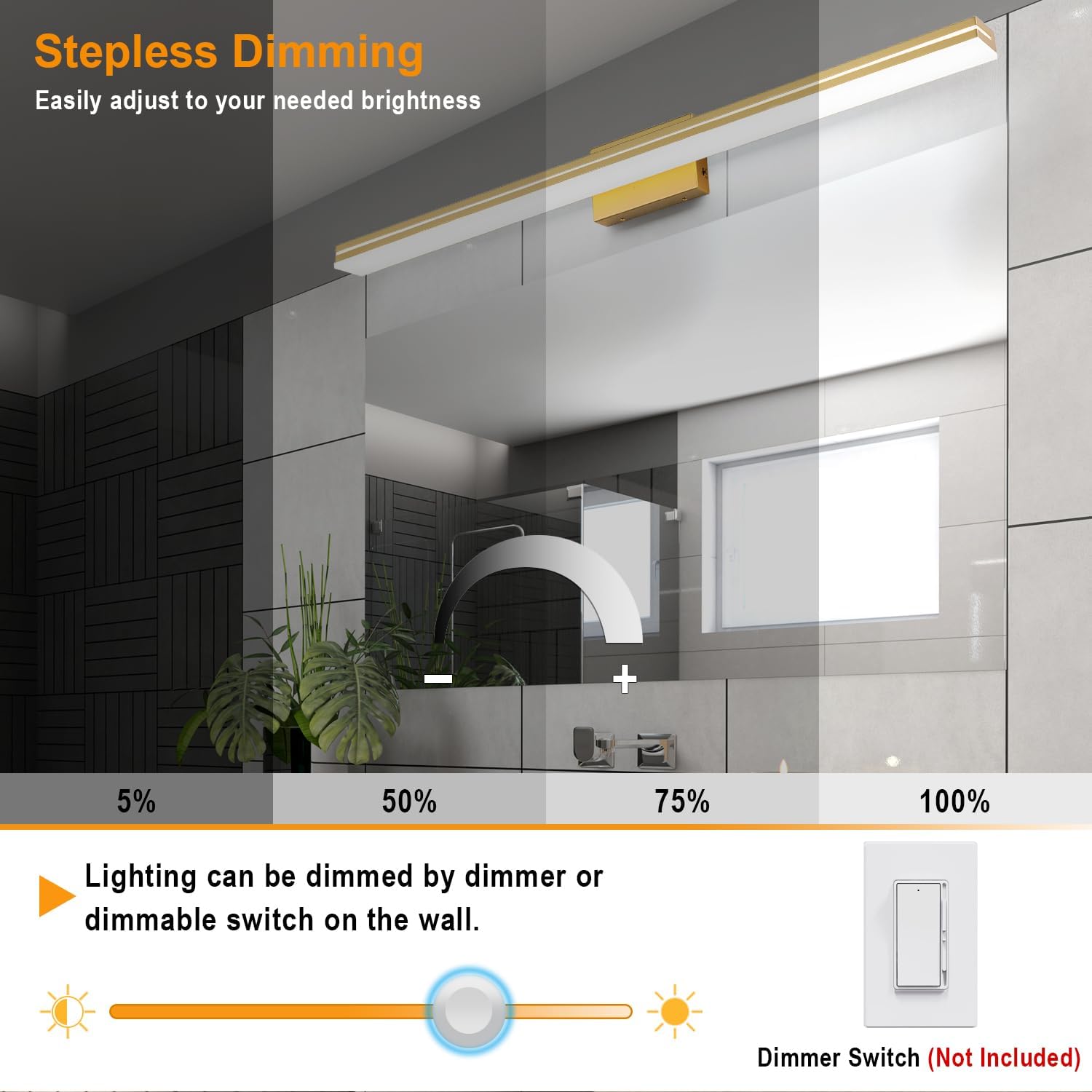 SineRise LED Modern Bathroom Vanity Light Fixtures (48-Inch, 3000K/4000K/6000K, Dimmable), Gold Modern Acrylic Bathroom Wall Lighting Fixtures Over Mirror