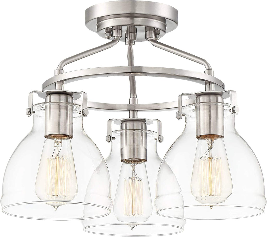 Possini Euro Design Bellis Modern Industrial Close to Ceiling Light Semi Flush Mount Fixture 14 1/2' Wide 3-Light Brushed Nickel Clear Glass Shade Bedroom Hallway Living Room Dining Room Bathroom