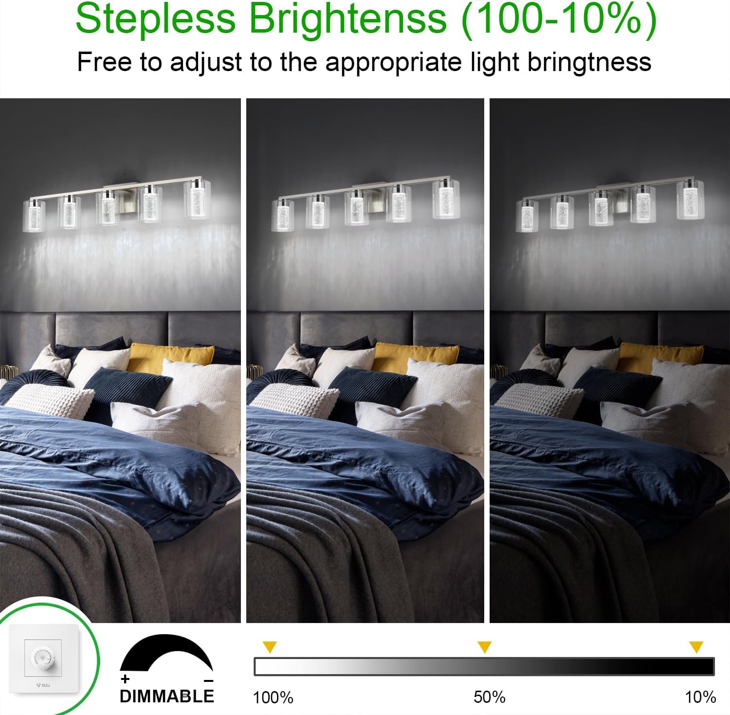 SineRise 5-Light Brushed Nickel Vanity Light with 3 Color Modes (3000K/4000K/6000K), Eye Protection LED Bathroom Light Fixture, Dimmable Modern Wall Light Over Mirror with Clear Glass Shade