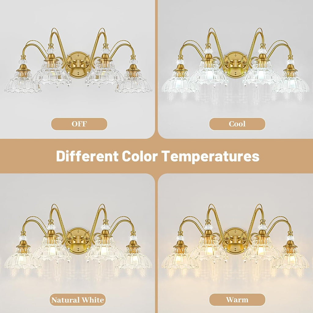 Vintage Bathroom Vanity Light, 4-Light Brushed Gold Finish Wall Sconce with Hanging Crystal Accents and Flower-Shaped Clear Glass Shades, Retro Wall Mount Vanity Light Over Mirror for Bathroom