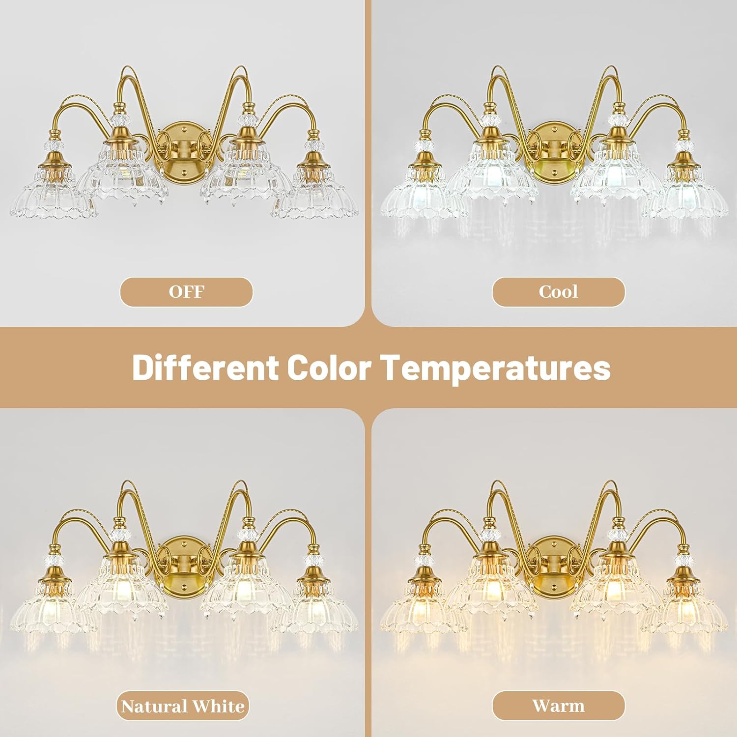 Vintage Bathroom Vanity Light, 4-Light Brushed Gold Finish Wall Sconce with Hanging Crystal Accents and Flower-Shaped Clear Glass Shades, Retro Wall Mount Vanity Light Over Mirror for Bathroom