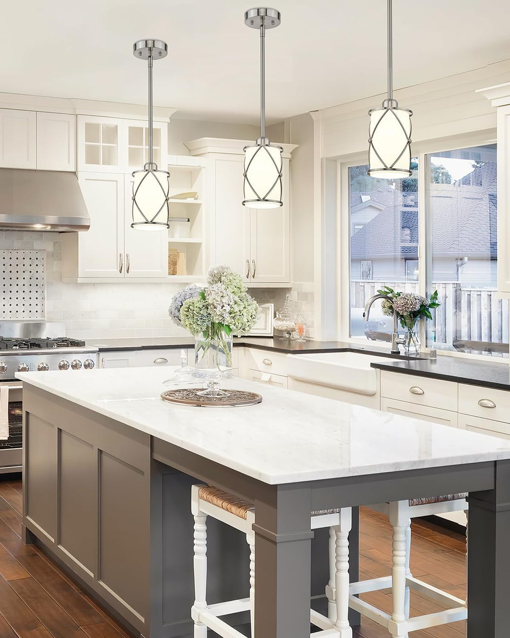 Brushed Nickel Pendant Lights Kitchen Island 3 Pack, Milk Glass Kitchen Pendant Lighting Over Island with Rods, Modern Mini Hanging Light for Sink Dining Room, CH9176BNW-3PK