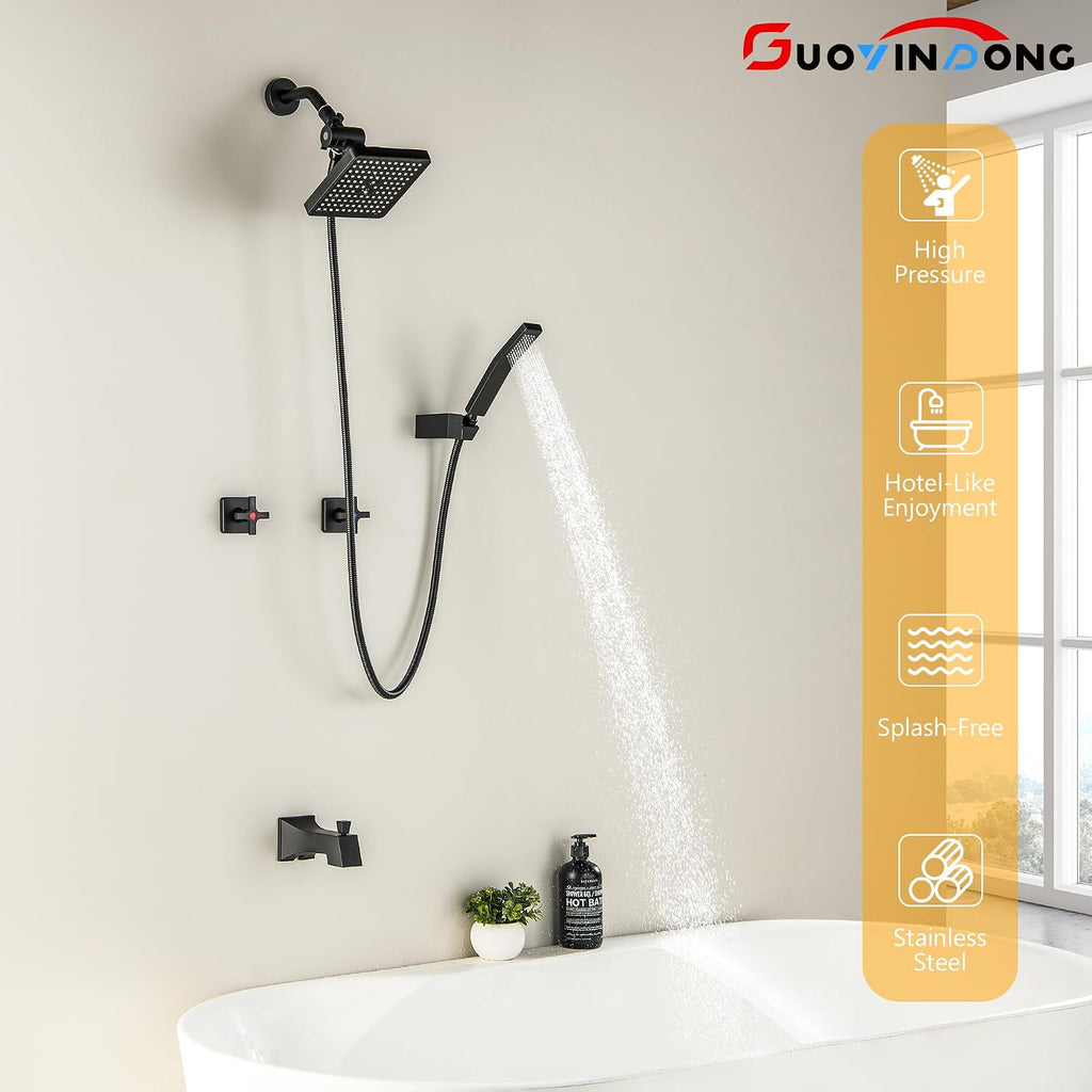 2 Handle Shower Faucet Set with Hand Shower Matte Black Two Handle Tub Shower Faucets Sets Wall Mounted Bathroom Bathtub Shower Trim Kit