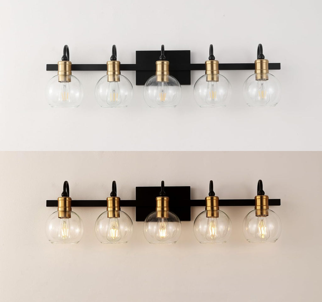 JONATHAN Y 36.5' Black/Brass Gold Vintage Wall Sconce, LED Vanity Light for Bathroom Bedroom Entryway, Clear Glass Globe Shade, Modern Industrial Arched Lamp, LED Bulb Included (JYL3556A)