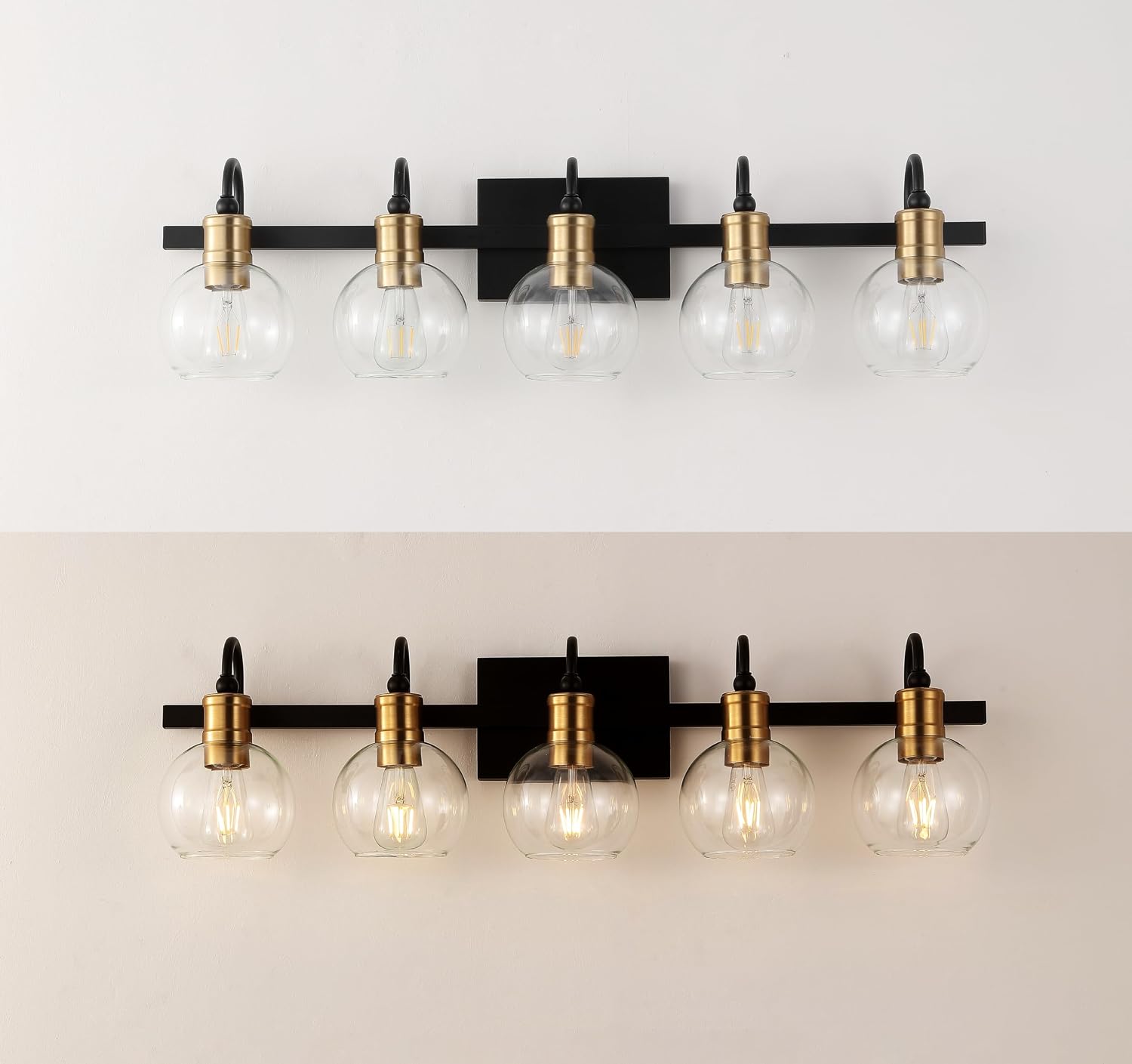 JONATHAN Y 36.5' Black/Brass Gold Vintage Wall Sconce, LED Vanity Light for Bathroom Bedroom Entryway, Clear Glass Globe Shade, Modern Industrial Arched Lamp, LED Bulb Included (JYL3556A)