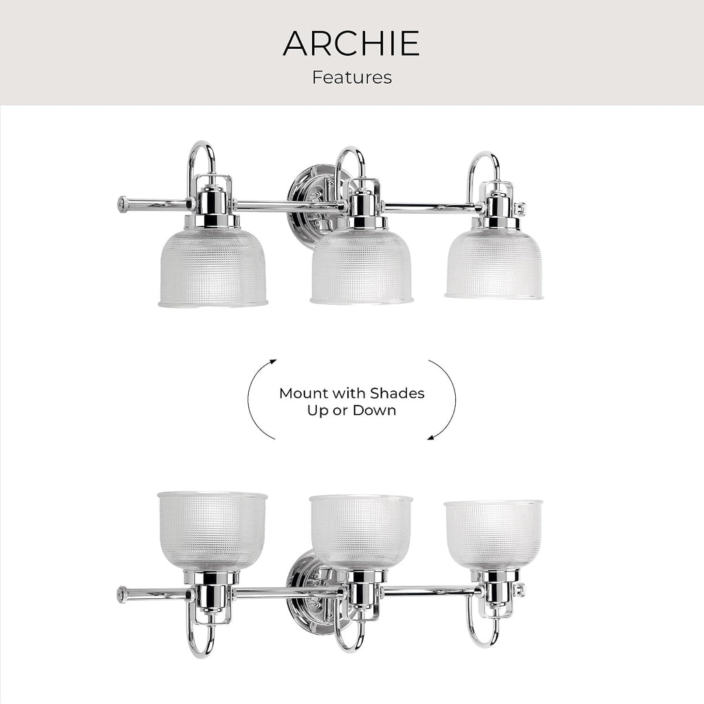 Progress Lighting Archie Collection 3-Light Clear Double Prismatic Glass Coastal Bath Vanity Light Polished Chrome